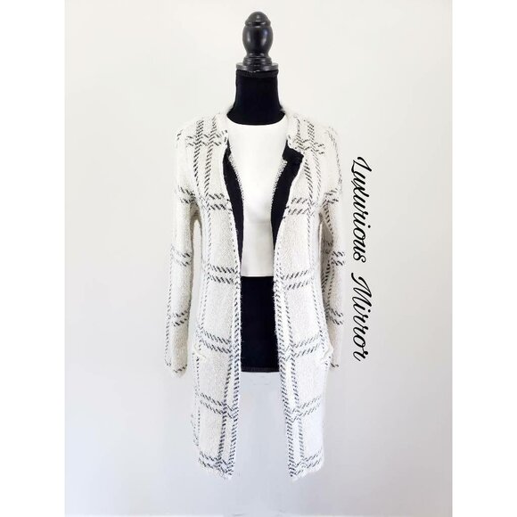 August Silk Windowpane Jacket Coat Ivory Black Hook And Eye Pockets Womens M New - Picture 1 of 9